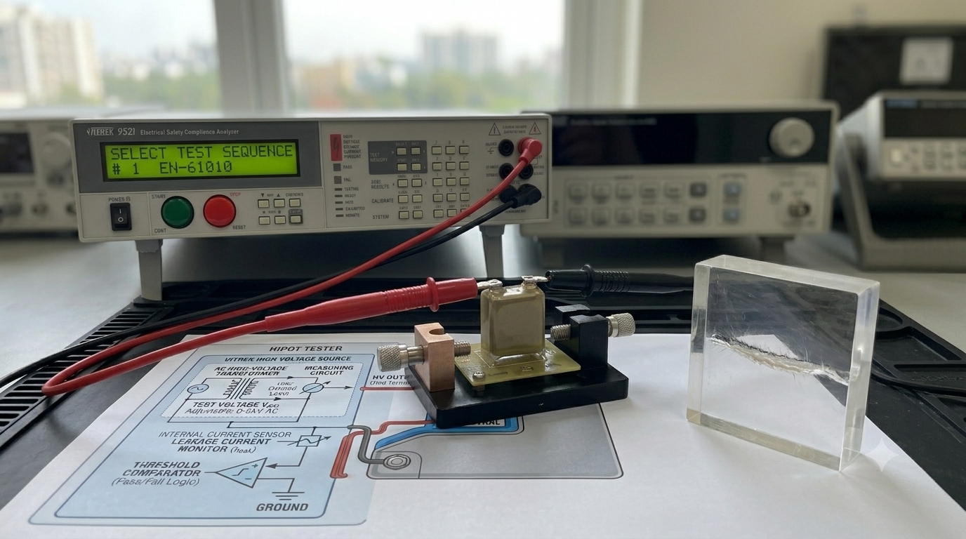 dielectric-strength-test-vs-hipot-test, Engineer performing dielectric strength testing using a Vitrek hipot tester